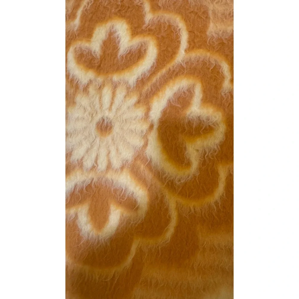 Vintage Yellow Orange‎ Floral Acrylic Damask Blanket Satin Trim Retro 70s 54x70